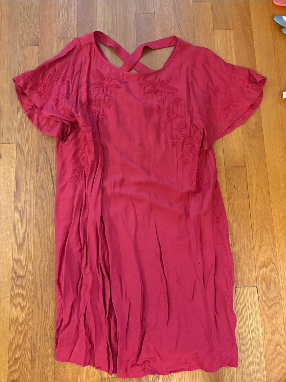LOFT Red Embroidered Short Mini Dress with Cross-Back